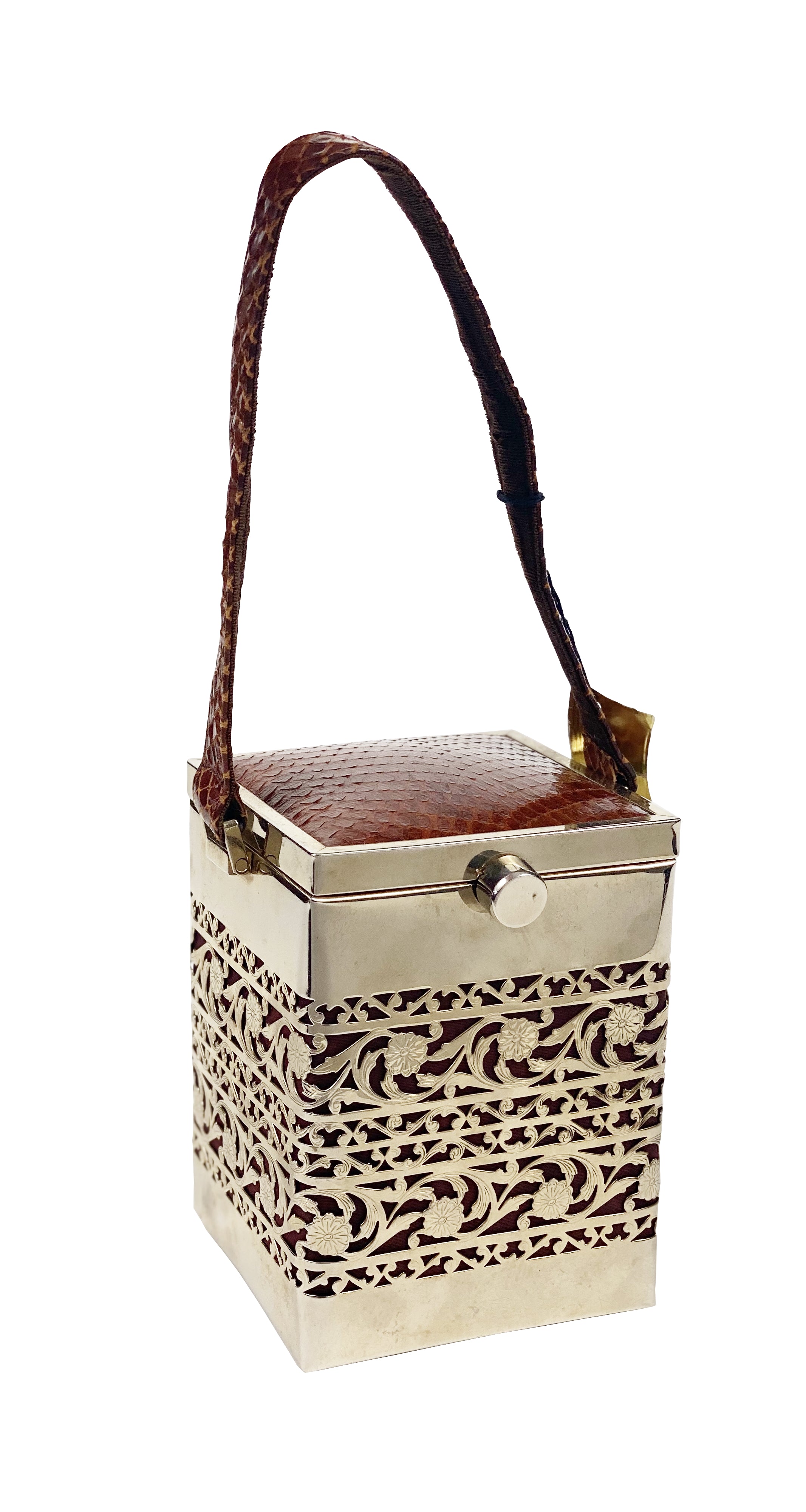 vintage mirrored chrome plated metal basket box bag purse w/ lucite handle